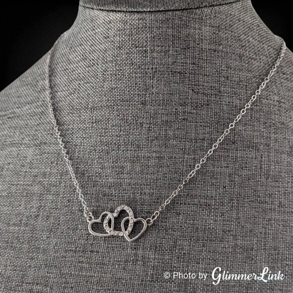 Triple Interlocked Heart Rhinestone Silver Tone Pendant Necklace - Picture 4 of 11